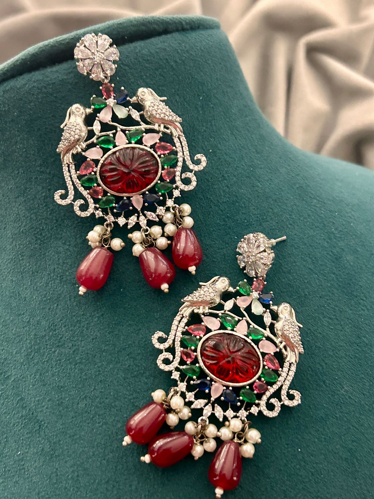 Ruby Beads & Multicolor Stone Bird Design Necklace Set – Bridal Party Wear Jewellery